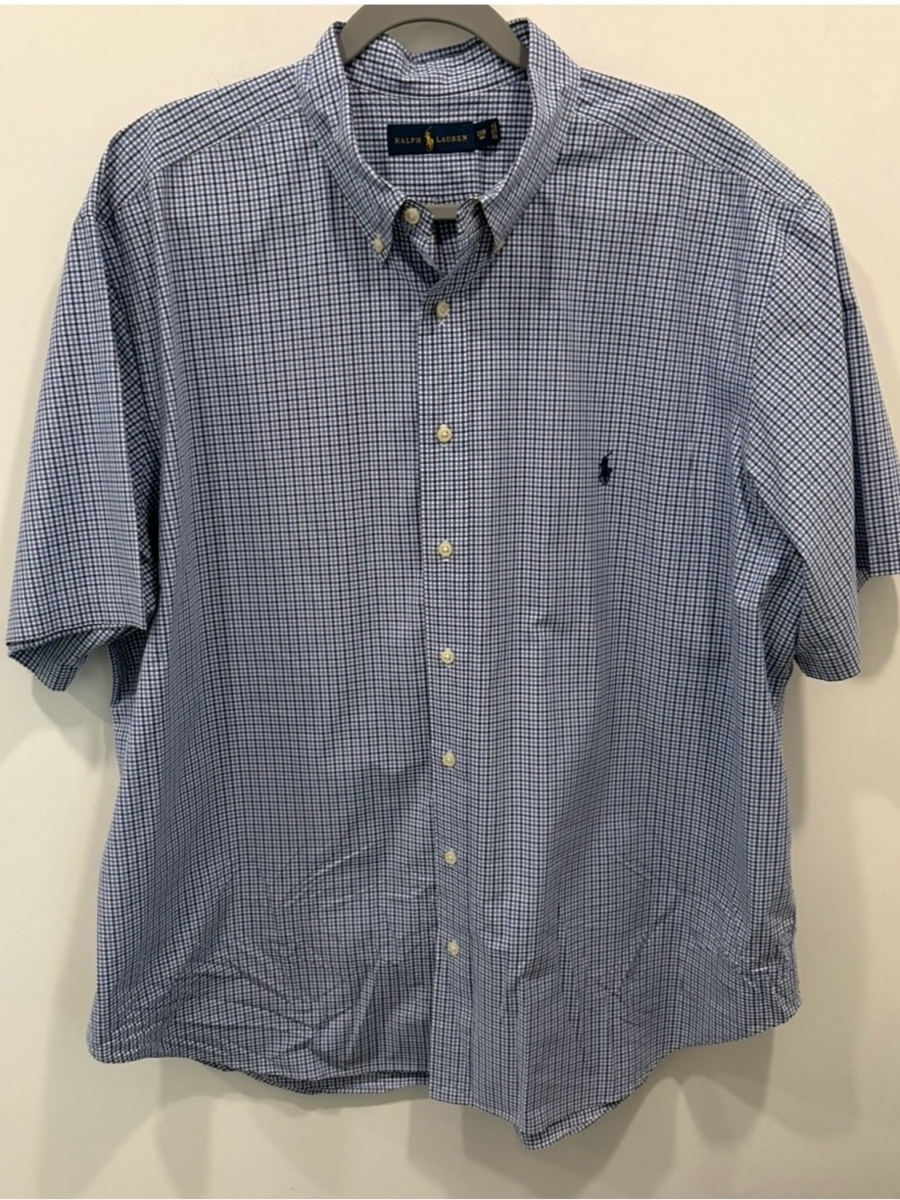 Ralph Lauren Shirt Men Size 2XL Bug
Blue White Check Short Sleeve Button Down
